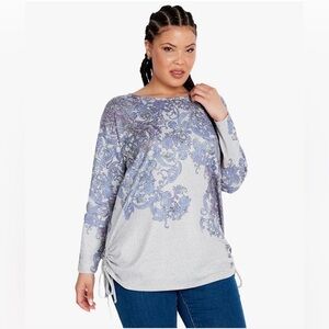 Avenue Charlene Side Tie Blue and Gray Paisley Long Sleeve Top
